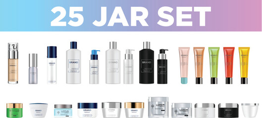  Set vector blank templates empty and clean multicolor plastic and glass containers:  bottles with spray, dispenser and dropper, cream jar, tube.  Realistic mockup of cosmetic package. #5.