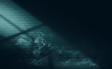 Empty scene background. Incident light from a window on an empty brick wall. Dark abstract background