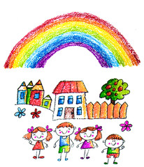 Obraz premium Kids drawing image. Little children, boys and girls. School, kindergarten illustration. Play and grow. Teacher with students.