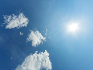 Blue sky with clouds and sun. Background