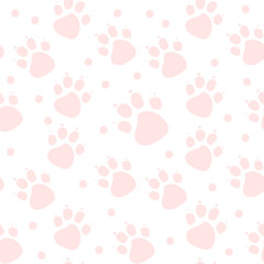 Naklejka na ściany i meble Animal childish vector seamless pattern. Abstract pink cat footprint on white background. Template for design, textile, wallpaper, wrapping, cover, carton, print, banner.