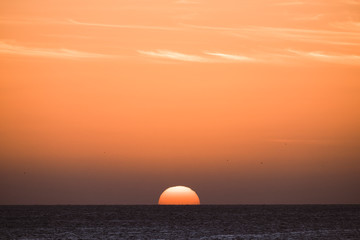 Classic tropical sunset or sunrise on the sea horizon with sun and water touching together - orange warm sky in background - travel destination paradise holiday concept