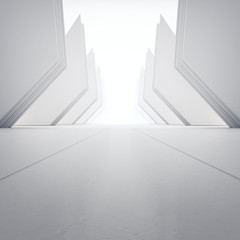 Fototapeta premium Geometric shapes structure on empty concrete floor with white wall background in hall or modern showroom. Construction technology for future architecture. Abstract interior design 3d illustration.