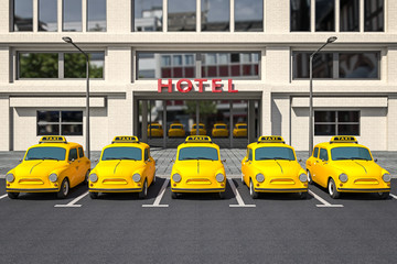 3d illustration of yellow taxi cars parked along the city street.