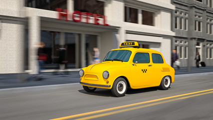 3d illustration of yellow taxi car on city street in motion.