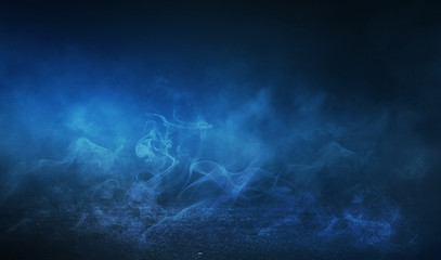 Empty background scene. Dark street reflection on wet asphalt. Rays of blue neon light in the dark, clouds of smoke, fog. Night view of the street. Abstract dark background.