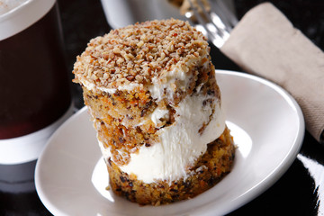 Pancake dessert with vanilla ice cream and walnut nut cover.