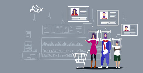 family with groceries in shopping trolley cart customer identification facial recognition concept grocery shop interior security camera surveillance cctv system horizontal sketch doodle