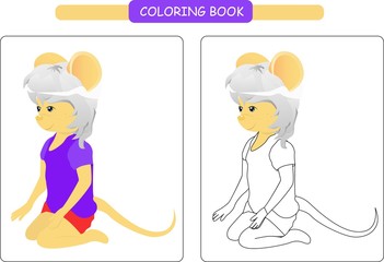 Coloring book for kids. Black and white cute cartoon rat. Vector illustration.