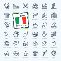 Italy, Italian - minimal thin line web icon set.  Outline icons collection. Travel series. Simple vector illustration.