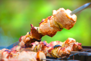 tasty barbecue meat on the grill outdoors