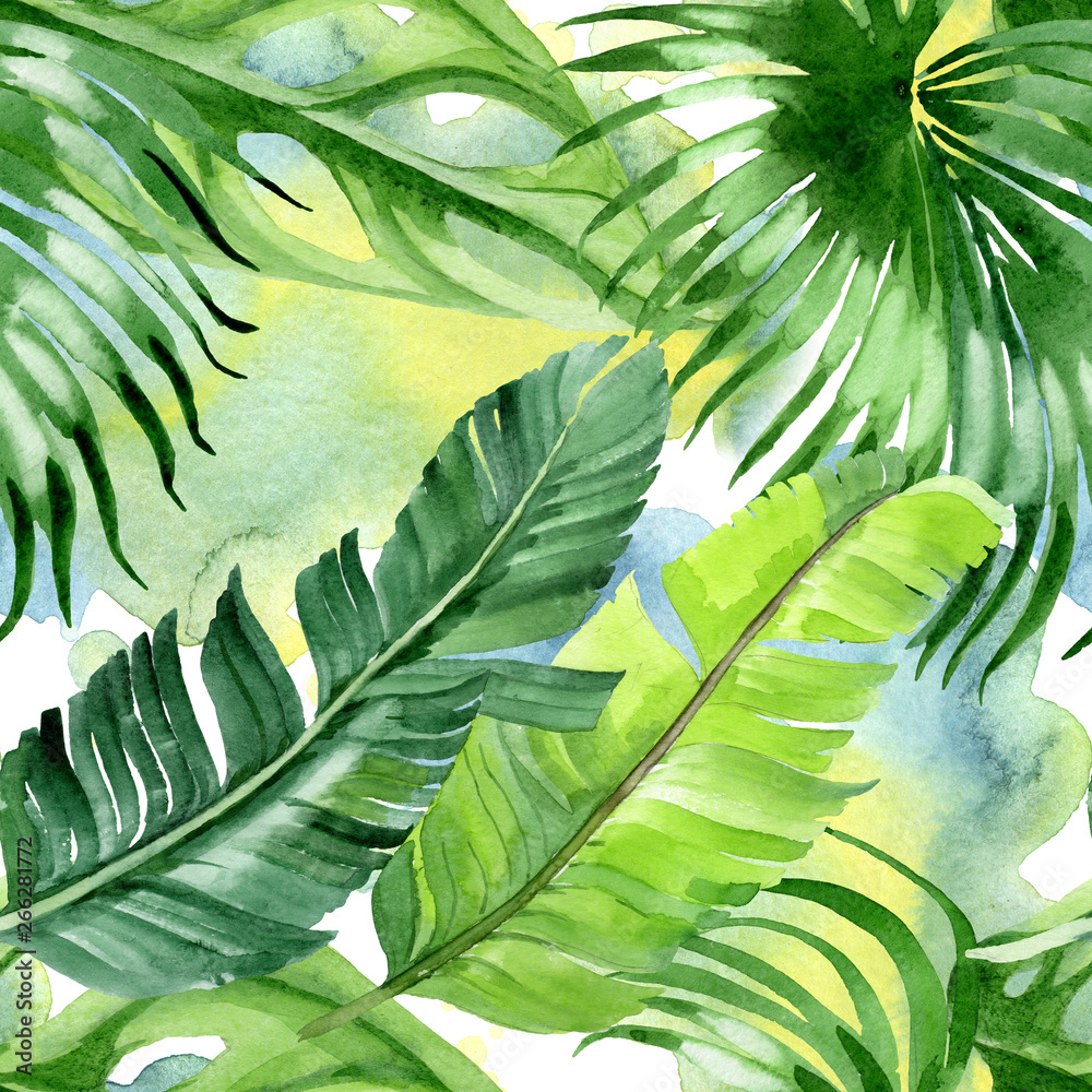 Wall mural Palm beach tree leaves jungle botanical. Watercolor background illustration set. Seamless background pattern.