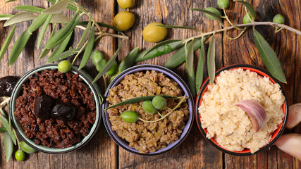 assorted of tapenade with leaf and ingredient