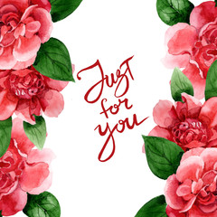 Pink camelia floral botanical flowers. Watercolor background illustration set. Frame border...