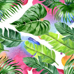 Fototapeta na wymiar Palm beach tree leaves jungle botanical. Watercolor background illustration set. Seamless background pattern.