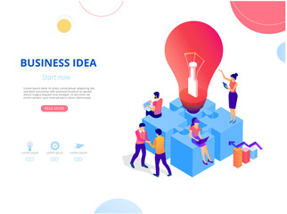 Fototapeta na wymiar Business idea and project. Homepage, landing page or webpage design template with people and lightbulb.