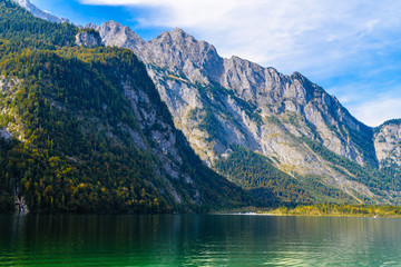 Koenigssee lake with Alp mountains, Konigsee, Berchtesgaden National Park, Bavaria, Germany