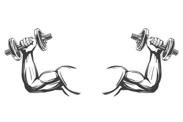 arm, bicep, strong hand holding a dumbbell, icon cartoon hand drawn vector illustration sketch