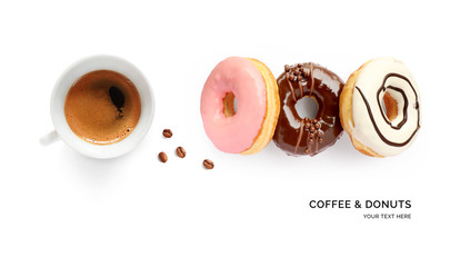 Creative layout made of donuts and coffee on white background. Flat lay. Food concept. Macro ...