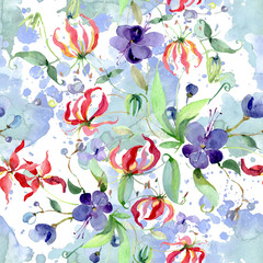 Bouquet floral botanical flowers. Watercolor background illustration set. Seamless background pattern.