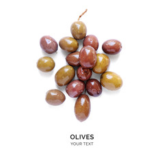 Creative layout made of olives. Flat lay. Food concept. Olives on the white background.