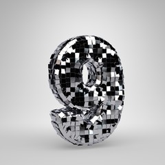 Chrome Disco ball number 9 isolated on white background. 3D rendered alphabet.