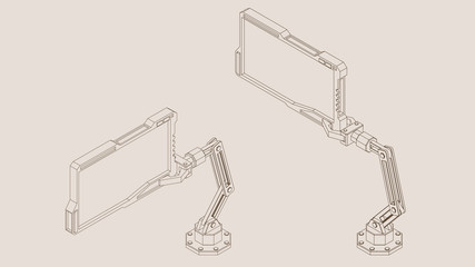 Robotic arm with futuristic monitor. Vector outline illustration.