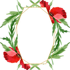 Fototapeta premium Red poppy floral botanical flowers. Watercolor background illustration set. Frame border ornament square.