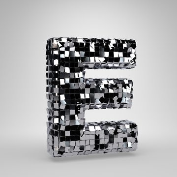 Chrome Disco ball uppercase letter E isolated on white background. 3D rendered alphabet.