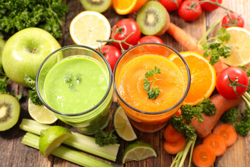 glasses of vegetable smoothie with ingredient