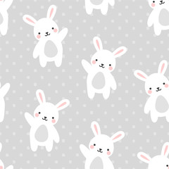 Rabbit Seamless Pattern Background, Scandinavian Happy bunny raccoon with dot for baby. cartoon rabbit bears vector illustration for kids nordic background