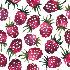 Sweet juicy watercolor raspberries. Seamless hand painted pattern