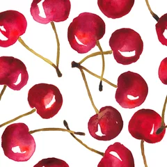 Fotobehang Aquarel fruit Rode aquarel kersen. Naadloos handgeschilderd patroon