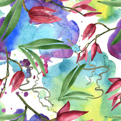 Marsala orchid floral botanical flowers. Watercolor background illustration set. Seamless background pattern.
