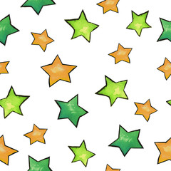  Pattern with painted green and yellow stars on a white background. 