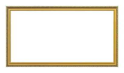 Panoramic golden frame for paintings, mirrors or photo isolated on white background
