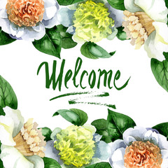 White camelia floral botanical flowers. Watercolor background illustration set. Frame border...