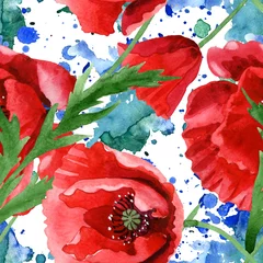 Papier peint Coquelicots Fleurs botaniques florales de pavot rouge. Ensemble d& 39 illustrations de fond aquarelle. Motif de fond sans couture.