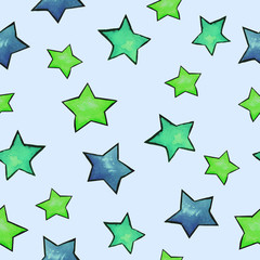 Pattern with blue and green stars on a light blue background