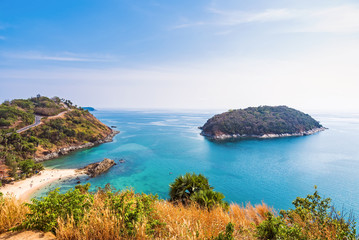 Beautiful over view of the Andaman Sea from the viewing point, Phuket, South of Thailand. Panorama view.