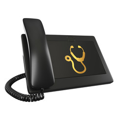 isolated 3d black digital telephone with golden stethoscope icon