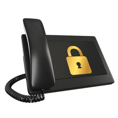 isolated 3d black digital telephone with golden lock icon