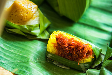 Shrimp and shred coconut on sticky rice, Thai style sweet desserts.