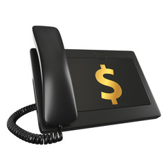 isolated 3d black digital telephone with golden dollar icon