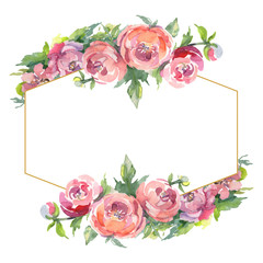 Peony bouquet floral botanical flowers. Watercolor background illustration set. Frame border ornament square.