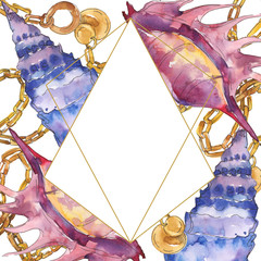 Summer beach seashell tropical elements. Watercolor background illustration set. Frame border crystal ornament square.