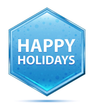 Happy Holidays crystal blue hexagon button