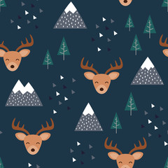 Reindeer Seamless Pattern Background, Happy cute deer in the forest between mountain tree and cloud, cartoon reindeer vector illustration for kids forest background with triangle dots
