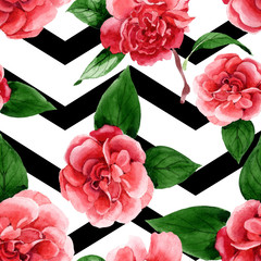 Pink camelia floral botanical flowers. Watercolor background illustration set. Seamless background...