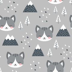 Kat naadloze patroon achtergrond, Scandinavische Happy cute kitty in het bos tussen bergboom en cloud, cartoon kitten vectorillustratie voor kinderen Noordse achtergrond met driehoek stippen